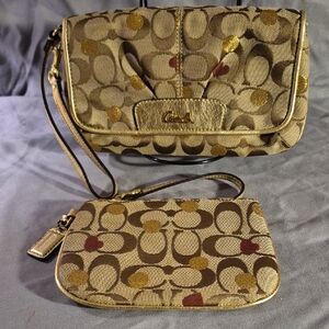 Coach Brown and Gold Signature Clutch and Wristlet Set